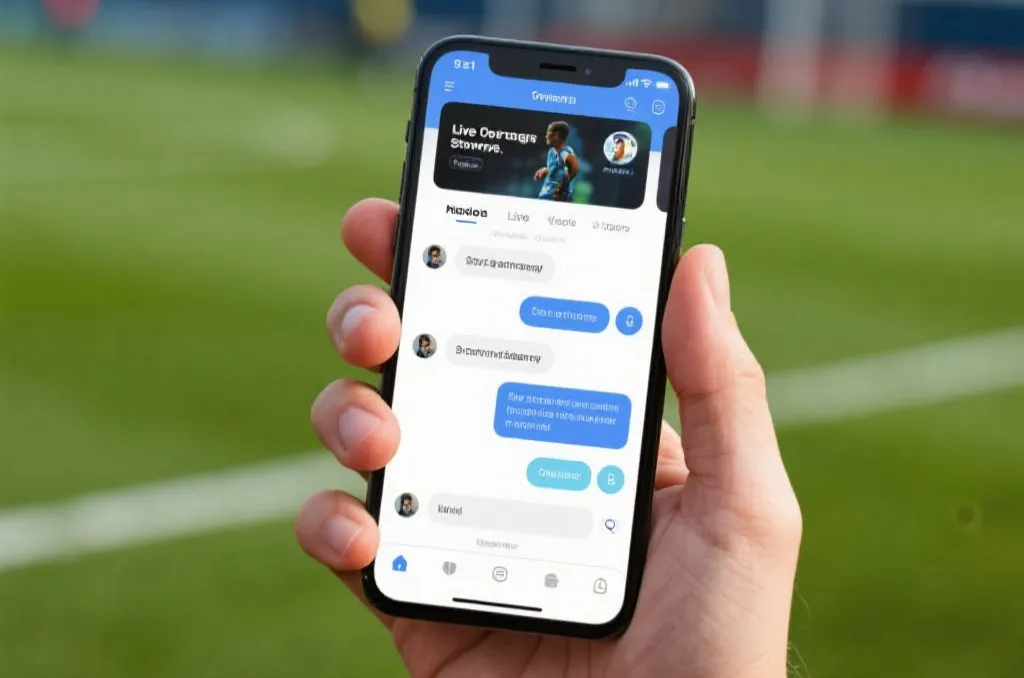 Hand holding a smartphone running a sports streaming app with live chat messages bubbling up, smooth user interface